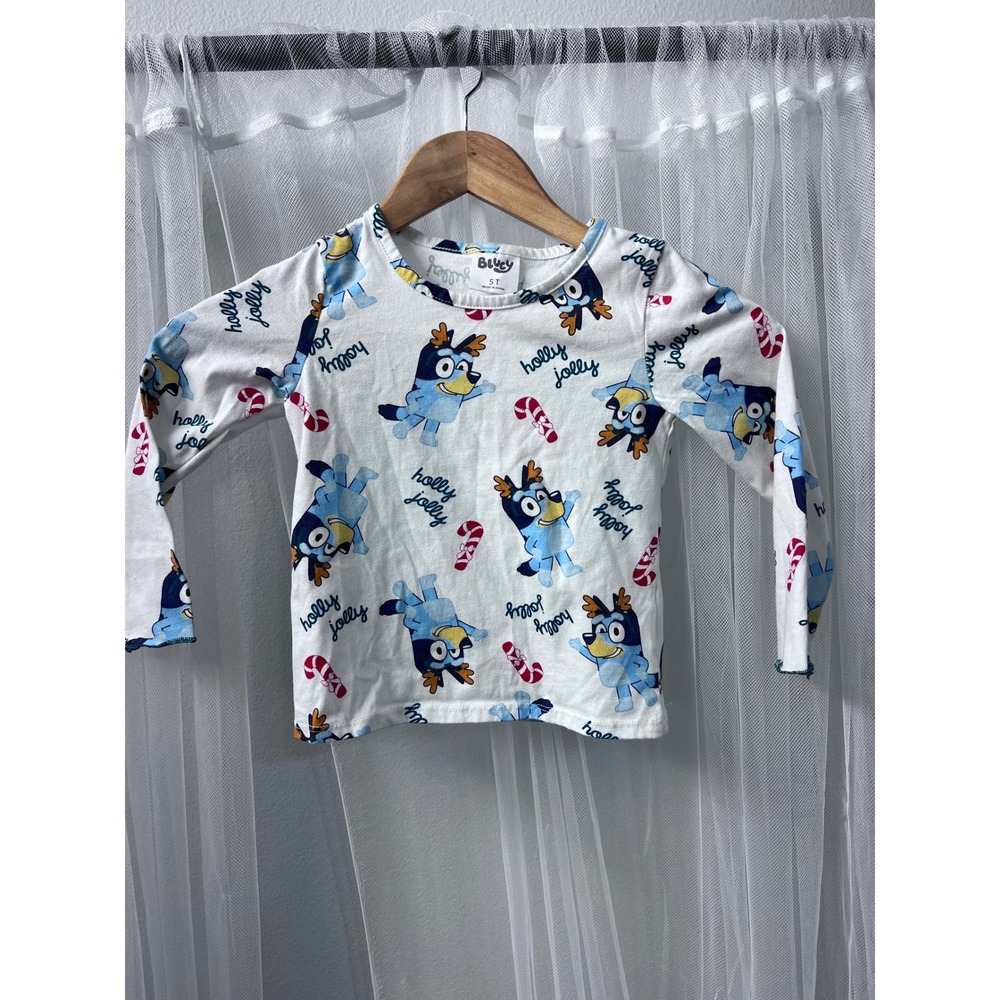 Bluey Kids 5T Holly Jolly Christmas Long Sleeve Shirt White Reindeer Antlers